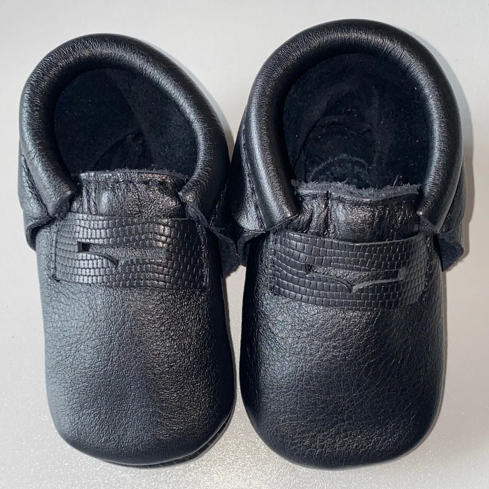 Freshly Picked Midnight Black Baby Leather Penny Loafers. Size 2